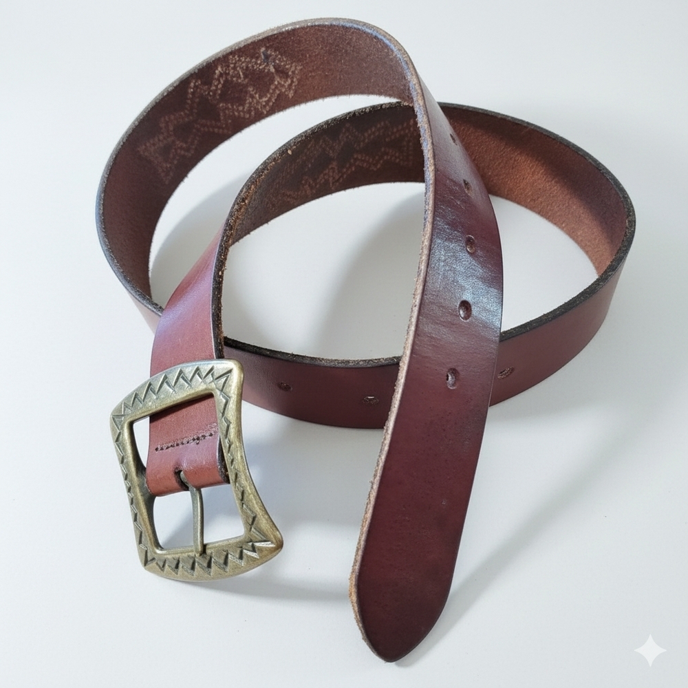 Leather 37-41" Belt Thick Full Grain Cowhide Red/Brown Embroidered Brass Buckle